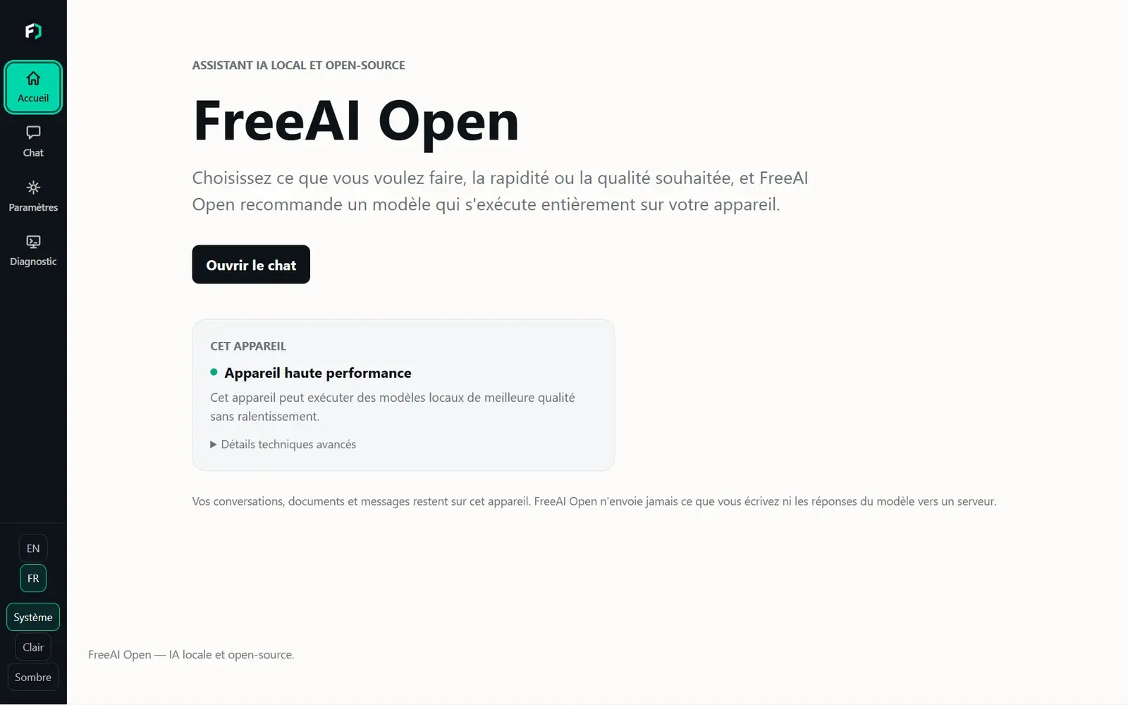 Interface de FreeAI Open, exemple d’application et d’outil web sur mesure