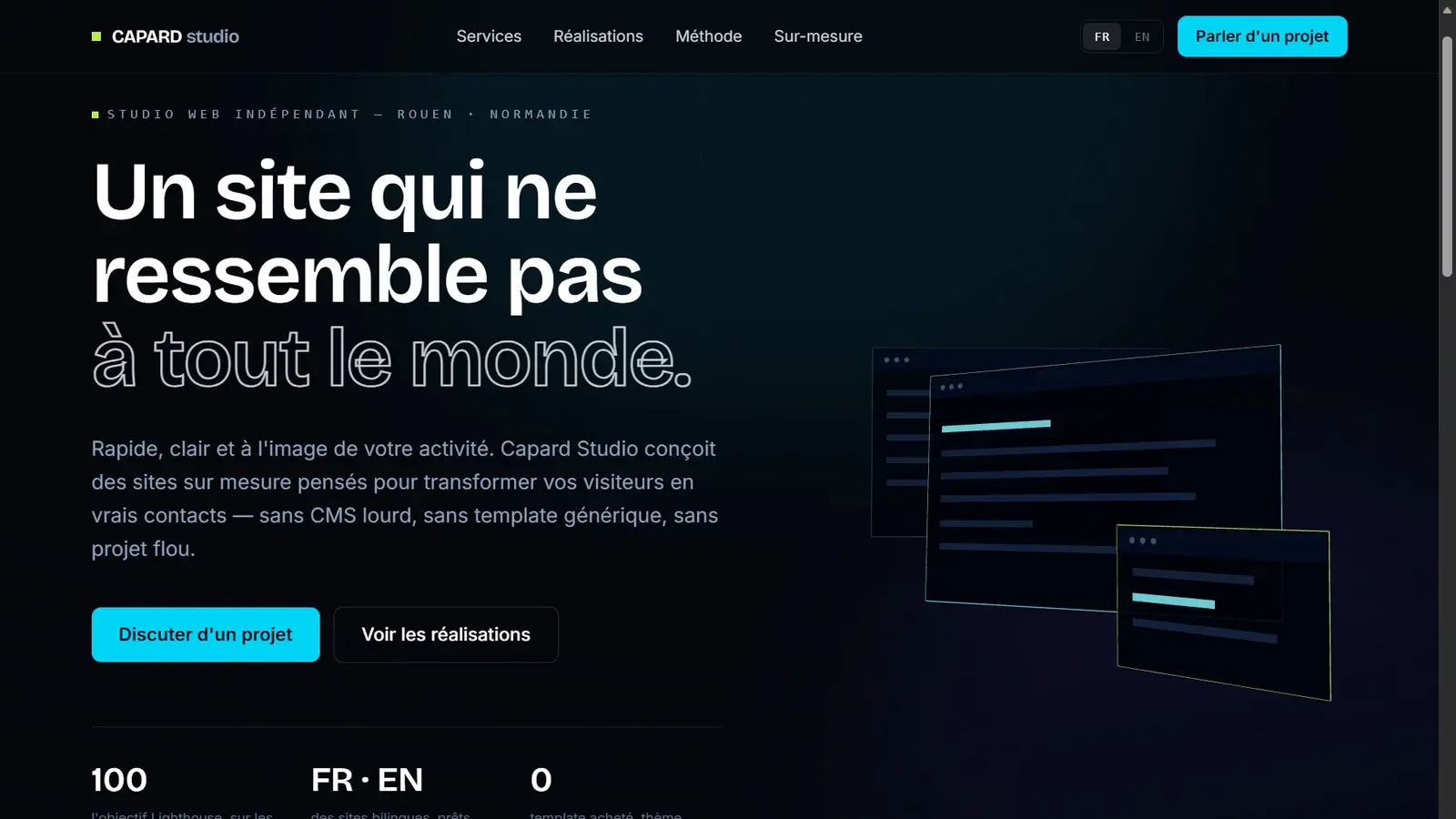 Page d’accueil sombre de CAPARD studio présentant une création de site sur mesure