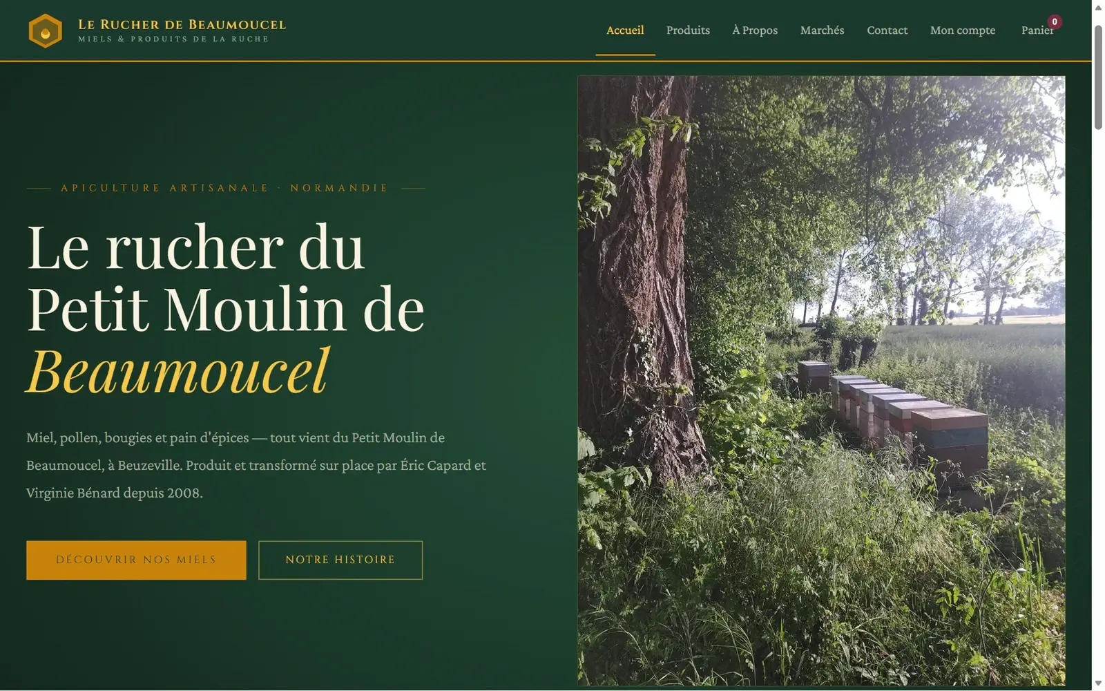 Exemple de page d’accueil d’un site e-commerce pour un producteur de miel en Normandie